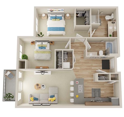 Floor plan for 2 beds, 2 baths, 1197 sqft